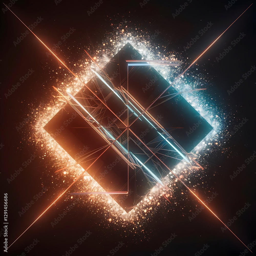 Poster 3d rendering of abstract geometric composition with glowing particles in empty space