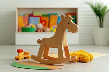 Wooden rocking horse stands on colorful mat, surrounded by playf