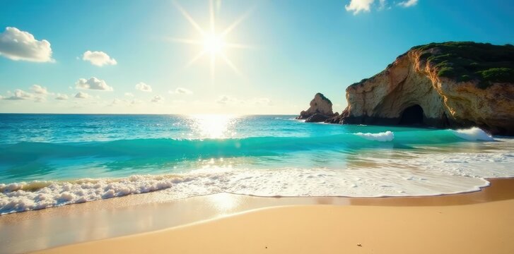 Casal em Lua de Mel sentado sobre areia brilhante, com vista para o mar azul, paisagem, praia