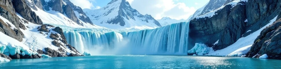 Cascade of waterfalls flowing from icy summit, glacial lake, alpine scenery, snowy peaks