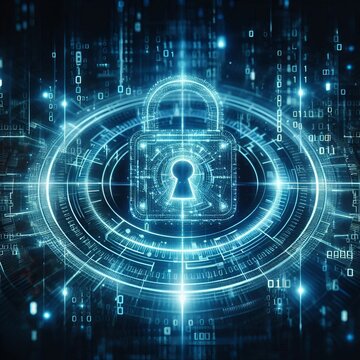 A padlock symbolizing cyber security on a digital background, representing technology and data protection.