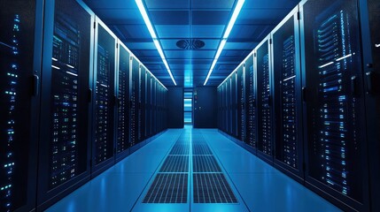 Fototapeta premium A futuristic data center with rows of illuminated blue server racks in a high-tech environment. Perfect for cloud computing, cybersecurity, and IT infrastructure concepts
