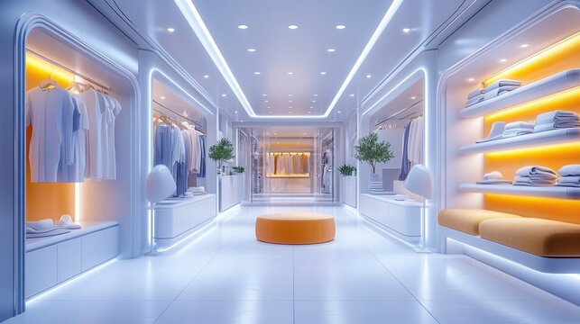Modern Retail Store Interior with White and Orange Aesthetic