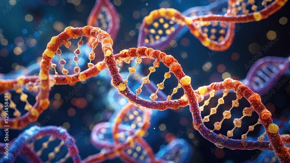Poster an intricate representation of dna strands showcasing vibrant colors and molecular structure, illust