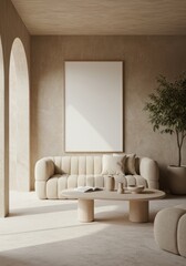 Home Frame mockup. Living room wall empty poster mock up. Interior mock-up with house background. Modern interior design. 3D render