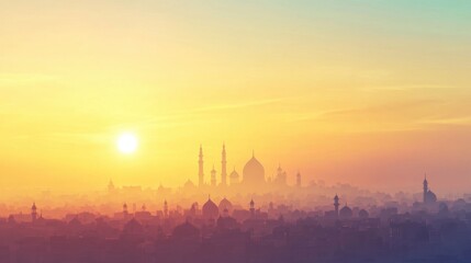 Naklejka premium Beautiful sunrise over a city with many mosques and domes