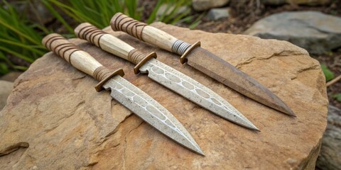 Unique handcrafted knives displayed on a natural stone surface in a garden setting during daylight