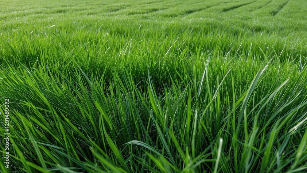 Poster lush green grass field with dew drops glimmering in the sunlight, creating a serene and refreshing a