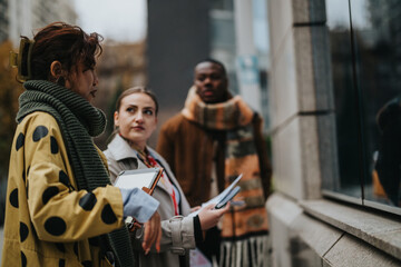 Three adults, dressed warmly, having a collaborative conversation outdoors. Diversity and teamwork are exemplified, set in a business environment