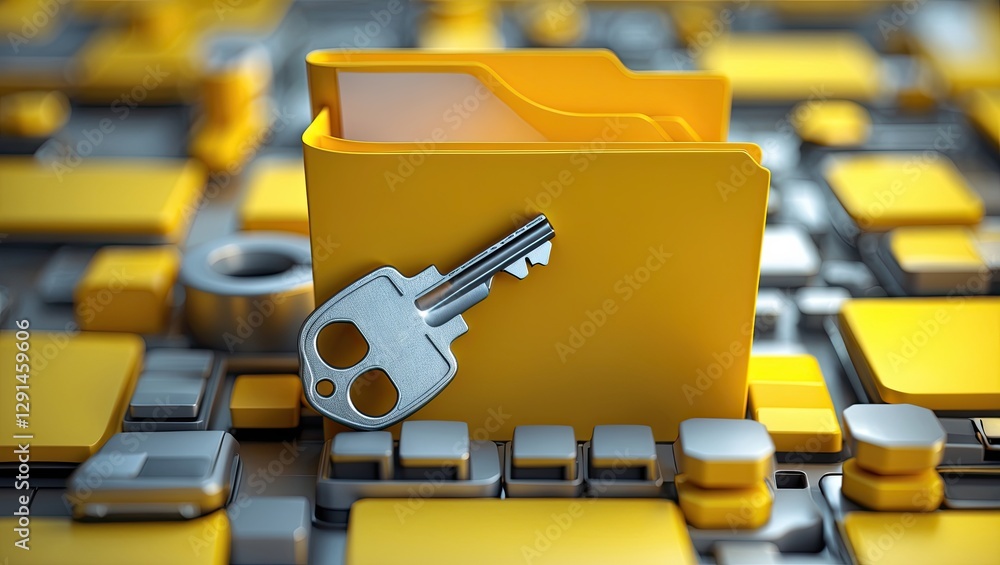Poster a digital representation featuring a metallic key resting on a yellow folder amid a background of in