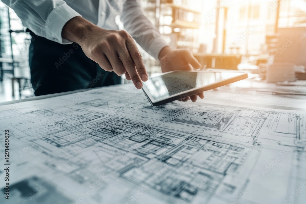 Poster engineer downloads architectural plans and 3d models via fast 5g connection on construction site