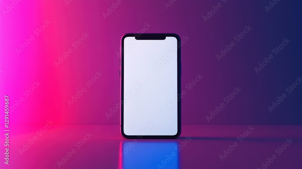 Poster a smartphone placed on a shiny colorful surface in a studio