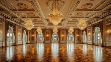 Obraz premium Grand Ballroom: Opulent chandeliers illuminate a majestic hardwood dance floor, surrounded by elegant, gold-detailed walls and flowing curtains.