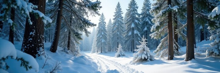 Dense pine forest covered in snow, branches bent under weight, pine, snow