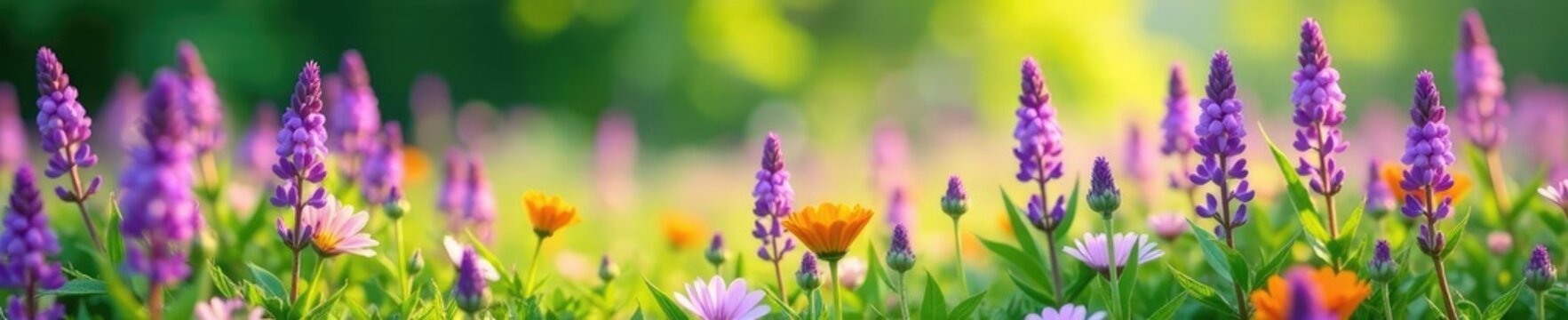 Dense purple flowers swaying in the summer breeze, greenery, wildflowers