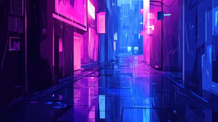 Neon-lit rainy city alley at night.