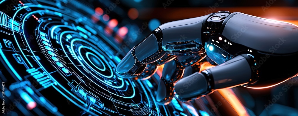 Poster futuristic ai powered personal assistant interface with interactive hand design and technology