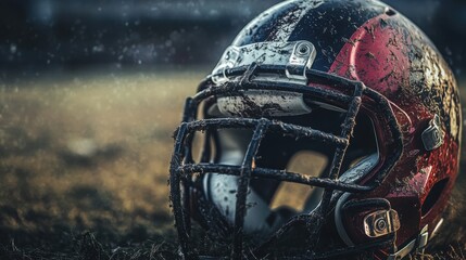 Mud Covered American Football Helmet on Grass Field After Game
