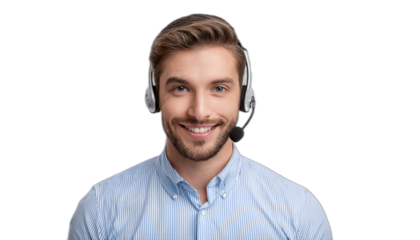 Smiling call center operator with headset looking straight ahead