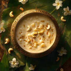 Realistic Kerala semiya payasam in traditional golden bowl with cashews on banana leaf with flowers around it