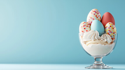 Easter Ice cream. Colorful eggs in a glass dessert cup with soft cream background.
