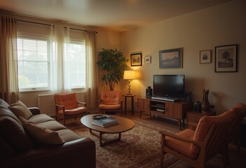 Fototapeta premium Inviting Living Room with Warm Lighting and Classic Furniture