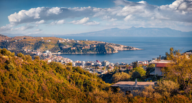 Captivating summer cityscape of Himara town, Vlore, Albania, Europe. Impressive morning seascape of Adriatic sea. Traveling concept background.