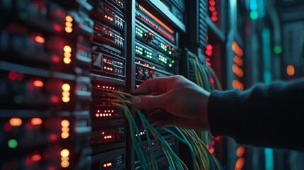 Close up of hands connecting san cable to high tech server rack surrounded by colorful cables