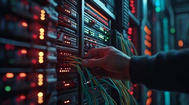 Close up of hands connecting san cable to high tech server rack surrounded by colorful cables
