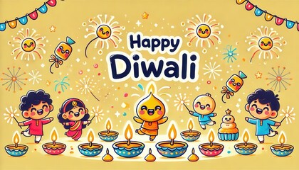 Fototapeta premium Adorable Cartoon Diwali Celebration with Diyas, Fireworks, and Happy Children