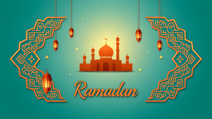 Naklejka premium ramadan greeting card with a decorated lantern, balls, and mosque for a happy holiday celebration