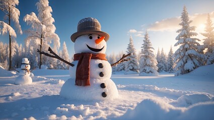 Obraz premium Smiling snowman wearing a hat and scarf, surrounded by a snowy landscape with frosted trees under a clear blue sky