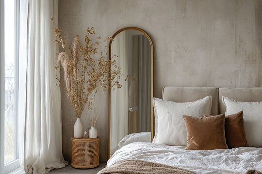 A snippet of a bed in a bedroom of a house with a Scandinavian interior design. Generative AI
