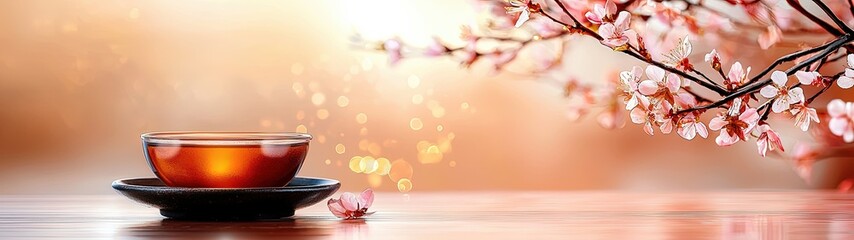 Fototapeta premium Tranquil Scene with Herbal Tea and Blossoms for Holistic Healing and Wellness Environments