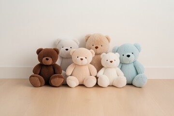 Soft teddy bears in various colors sit together, showcasing uniq