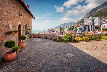 Picturesque spring cityscape of Kruje town. Sunny morning landscape of Albanian countryside. Magnificent outdoor scene of Albania, Europe. Traveling concept background.