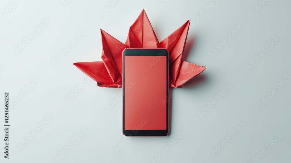 Poster a red smartphone centered with paper maple leaf behind it