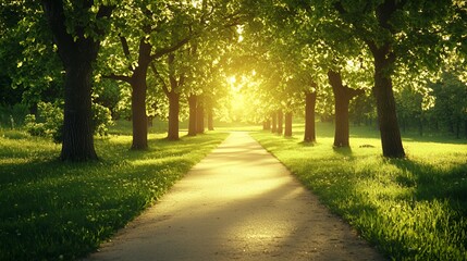 Fototapeta premium Sunlit Path Through Lush Green Trees