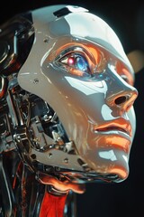 3D-rendered AI robot face with realistic human-like expressions, reflecting emotions through synthetic skin and LED eyes