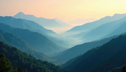 Fototapeta premium mist-shrouded mountains in early morning light, light, calm