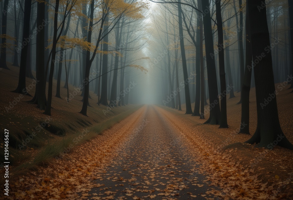 Aufkleber sunlit forest path with autumn leaves and tall trees in mist