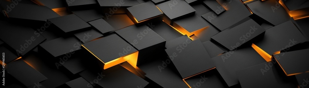 Poster black and orange abstract background featuring geometric cubes and a textured design with depth and 