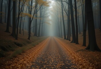 Naklejka premium Sunlit Forest Path with Autumn Leaves and Tall Trees in Mist