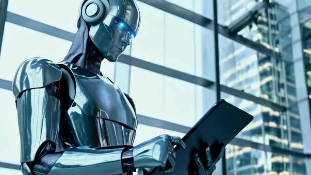 Robot businessman in office wearing suit shaking hands with colleague futuristic workspace artificial intelligence corporate success new beautiful stock video footage animation AI