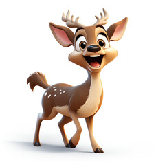 Obraz premium Deer, stag, doe, happy, white background, 3D rendering illustration cartoon. Copyspace, space for text, mascot.