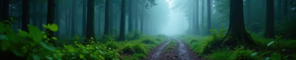 Misty forest trail with foggy atmosphere and raindrops, wilderness, trees