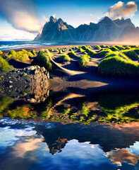 Black sand dunes on the Stokksnes headland on southeastern Icelandic coast