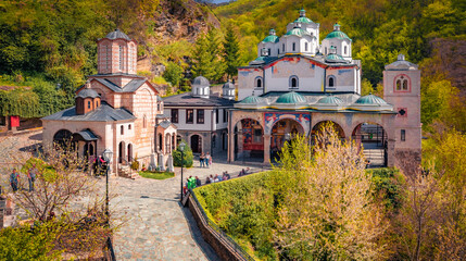Stunning spring view of Saint Joachim Osogovski Orthodox monastery and church complex with...
