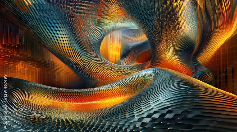 Poster abstract vibrant landscape with flowing curves, dynamic colors, and intricate patterns in a surreal 