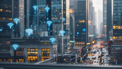 Fototapeta premium Urban skyline with wireless signals represented by icons, showcasing digital connectivity in a city landscape during dusk